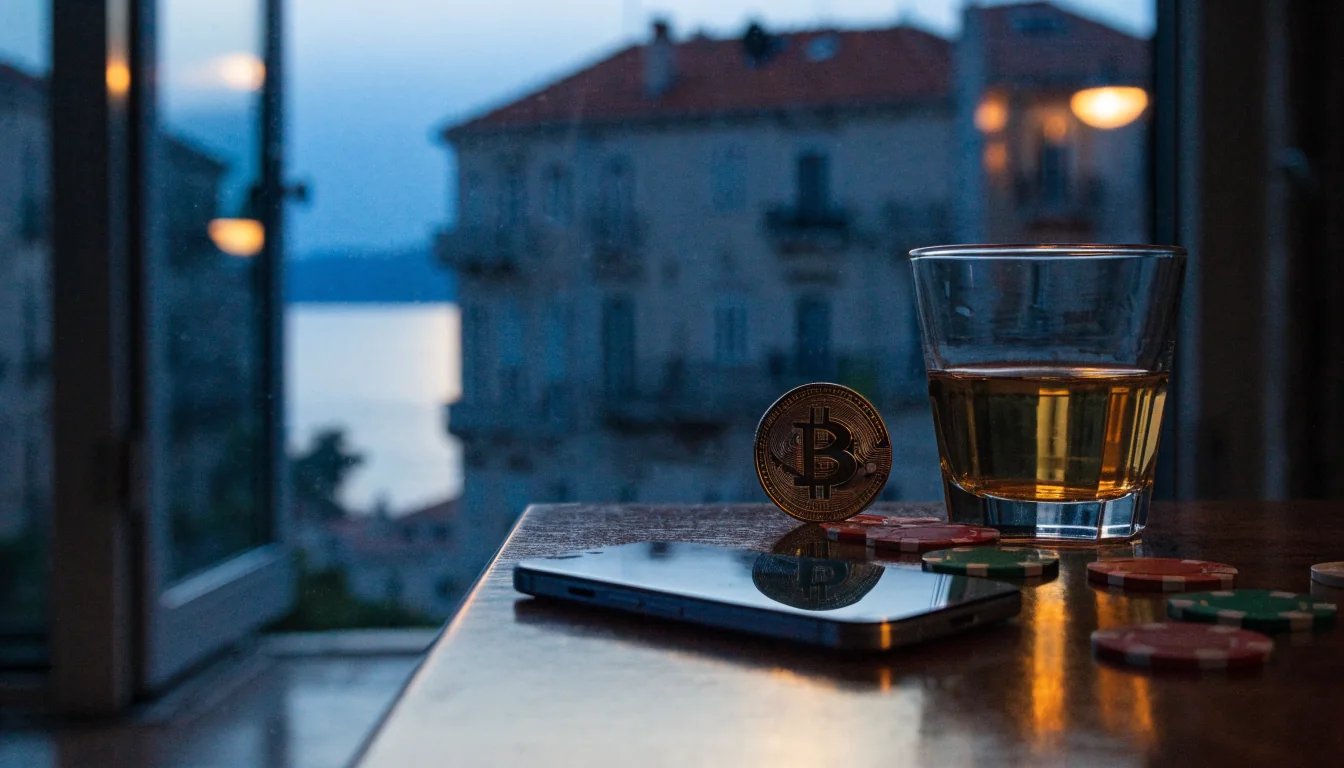 Stol s kripto novčićem i žetonima uz pogled na hrvatsku obalu