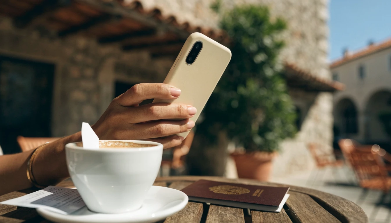 Ruka drži pametni telefon u kafiću, zaslon okrenut od kamere
