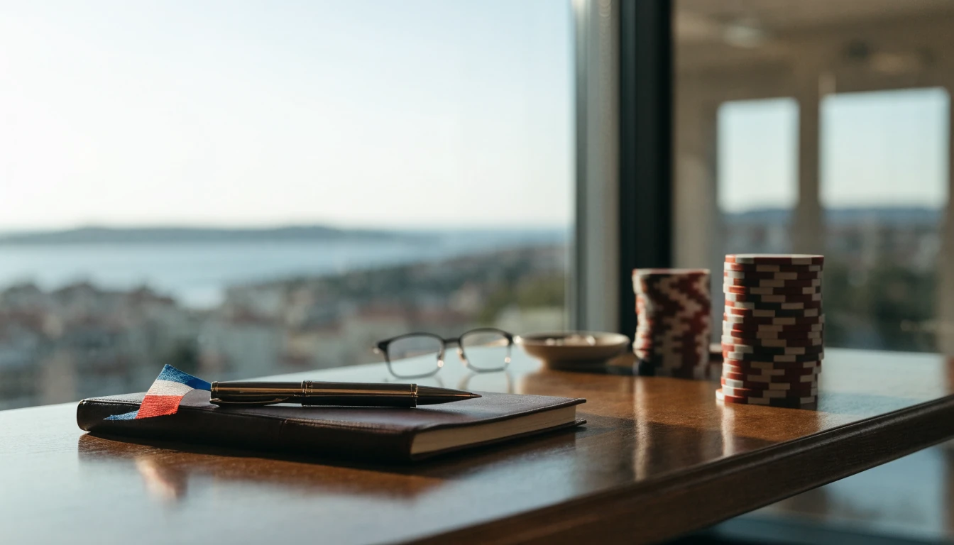 Radni stol s bilježnicom, naočalama i ulošcima za poker uz pogled na more